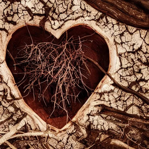 Image similar to photograph of a real human heart sitting on the ground in a forest of dead trees