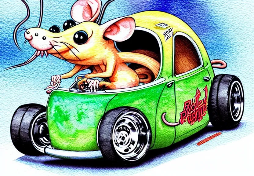 Image similar to cute and funny, rat riding in a tiny hot rod coupe with oversized engine, ratfink style by ed roth, centered award winning watercolor pen illustration, isometric illustration by chihiro iwasaki, edited by range murata