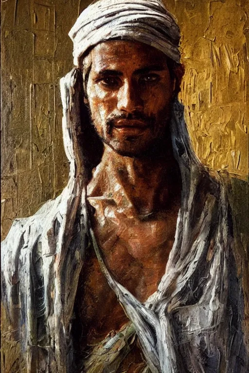 Image similar to highly detailed palette knife oil painting of a historically accurate depiction of the ancient biblical egytian prince Joseph, thoughtful, by Peter Lindbergh, impressionistic brush strokes, painterly brushwork