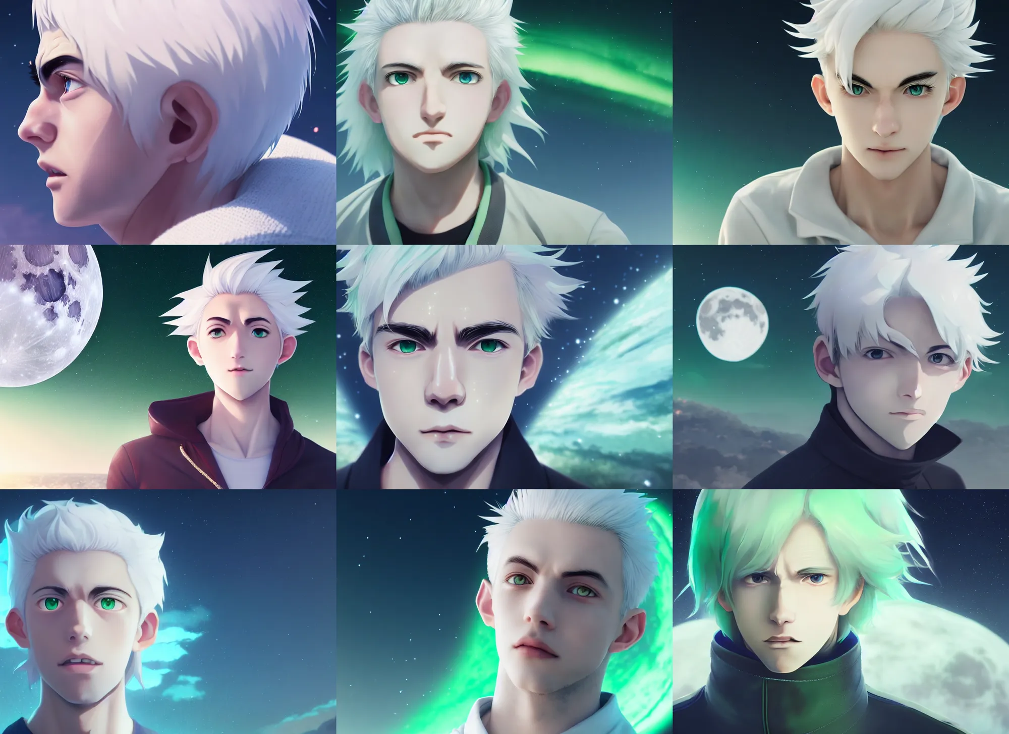 Prompt: white haired young guy with wide green eyes on the moon, aurora, small nose, stunning anime, full face portrait, high symmetry, close look, octane render, makoto shinkai, genshin impact, hyper detailed, close shot, light blur