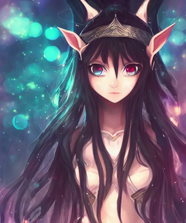 Image similar to adorable young cute anime elf girl, long black hair, fantasy armor. symmetrical face. symmetrical detailed defined eyes. beautiful lineart. bokeh pixiv # 1 ranking depth focus, chromatic aberration, noise, soft lighting, srgb, 4 k, cinematic