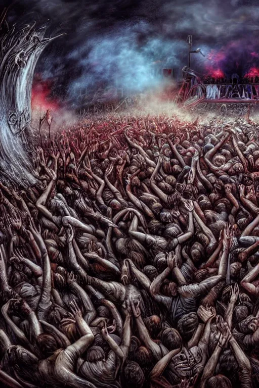 Prompt: a death metal band playing on woodstock, mosh pit, wide angle, super highly detailed, professional digital painting, artstation, concept art, smooth, sharp focus, no blur, no dof, extreme illustration, Unreal Engine 5, Photorealism, HD quality, 8k resolution, cinema 4d, 3D, beautiful, cinematic, art by artgerm and greg rutkowski and alphonse mucha and loish and WLOP