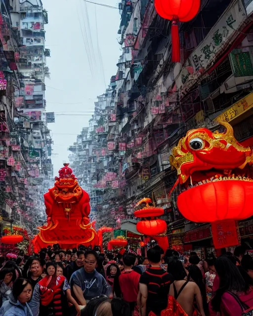 Prompt: chinese new year decoration, chinese new year parade, dragon float, monks, giant asian gods, crowd of people, street, poor buildings, hong kong buildings, kowloon, slums, cyberpunk, ghost in the shell, dramatic lighting, trending on Artstation, 8k, highly realistic, hyper detailed, unreal engine 5, IMAX quality, realistic, cinematic, epic lighting, realistic, Matte Painting, masterpiece,