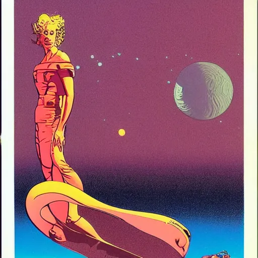Prompt: cindy crawford retro minimalist portrait moebius starwatcher comic by jean giraud, 8 k