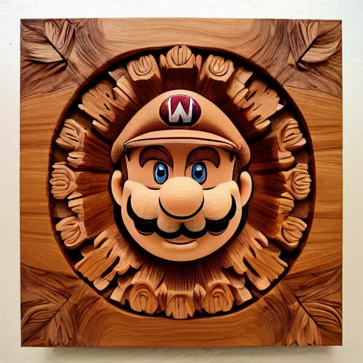 Image similar to abstract walnut wood carving of mario. Intricate details, hand carved, warm tones