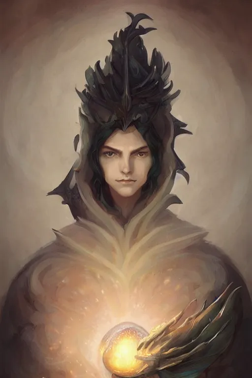 Image similar to portrait of elven teenage boy mage long black hair dragon egg digital painting modern fantasy concept art by peter mohrbacher wlop