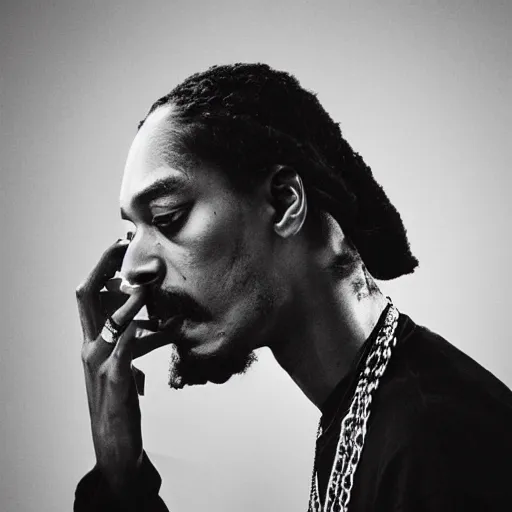 Image similar to a dramatic photograph of snoop dog smoking a joint while contemplating a magical portal to the beyond, ground haze, dramatic lighting, filmic, cinematographic