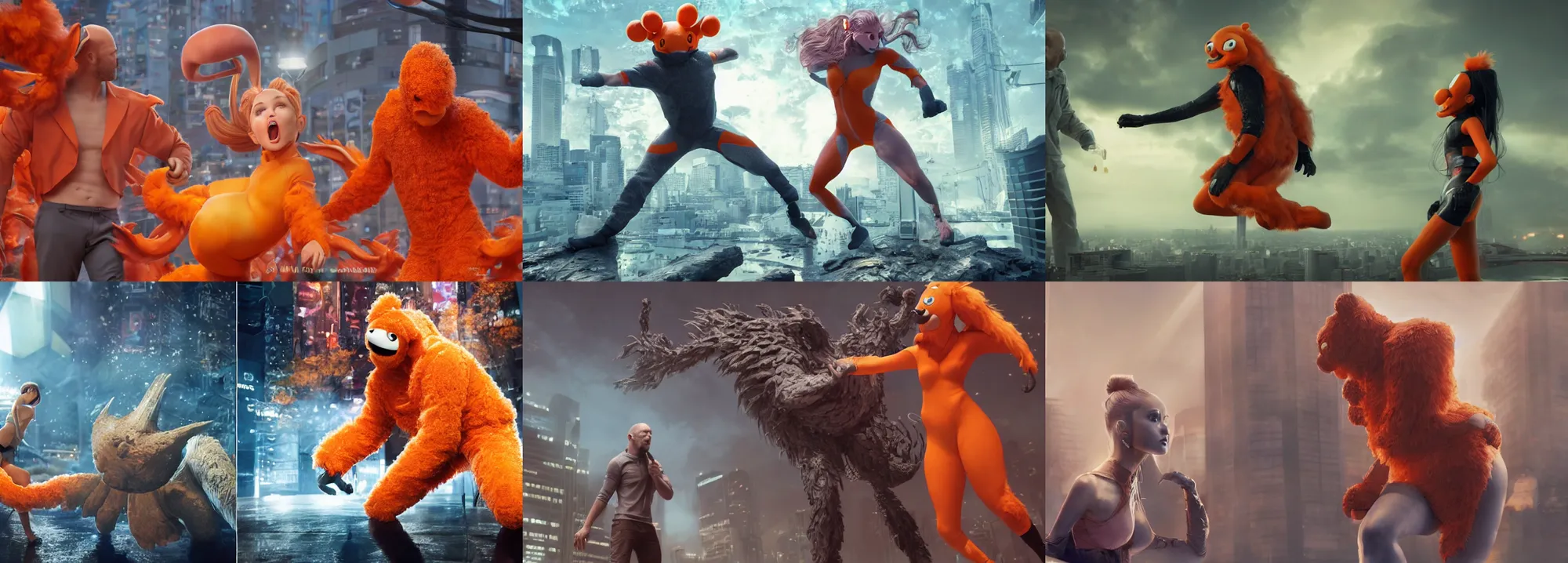 Prompt: ultrarealistic giant ariana grande wearing orange monster chicken suit vs jason statham in tokyo by yusuke murata, octane render, substance painter, movie action still frame, cinematic lighting, volumetric lighting, extreme intricate details, artstation, dnd art, cgsociety, sharp focus, ultra wide angle, digital painting by artgerm, gerald brom, wlop