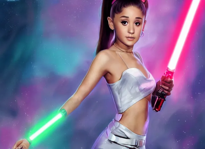 Image similar to An extremely detailed photo of Ariana Grande in the Star Wars universe witha pink lightsaber held in one hand Maximum detail on artstation, photo realism, vivd details, vivd colour, volumetric lighting. anime art style