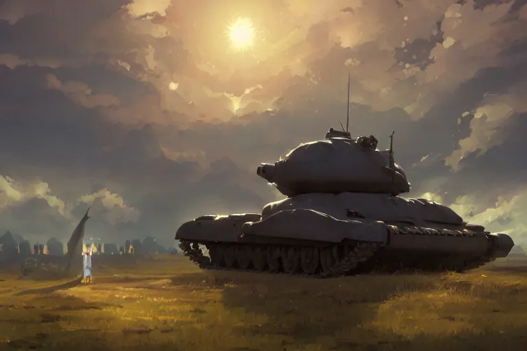 Image similar to a church built on top of a tank. in an open field. key visual, conceptart, ambient lighting, highly detailed, digital painting, artstation, concept art, sharp focus, by makoto shinkai and akihiko yoshida and greg manchess