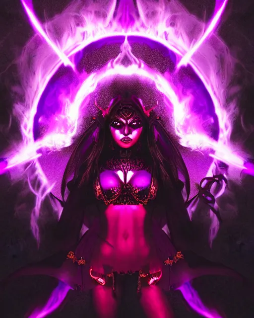 Image similar to pyromancer devil girl cover in purple death flames, deep pyro colors, purple laser lighting, award winning photograph, radiant flares, intricate, various refining methods, micro macro autofocus, evil realm magic painting vibes