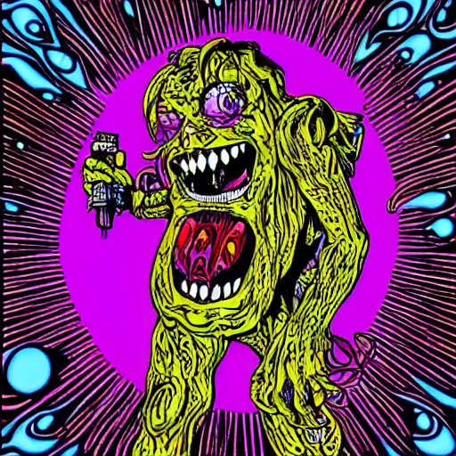 Image similar to todd mcfarlane art, psychedelic laughing demon, rocking out, headphones dj rave, digital artwork, r. crumb, svg vector