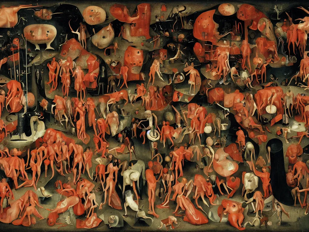 Image similar to a world of flesh in contrasting colors, nervous system cells, shiny flesh colored walls that are alive, loss of molecular cohesion, hieronymous bosch,