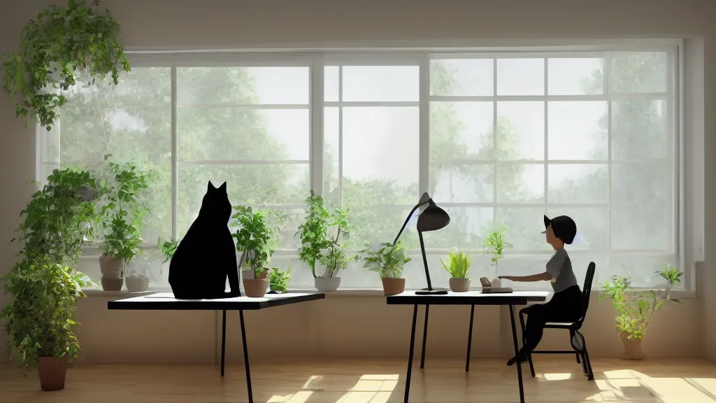 Prompt: peaceful dreamy painting of a sitting at a desk with a black cat, sunshine coming through the window, small plants on the window sill, 8k, hyper realism, trending on artstation, octane render