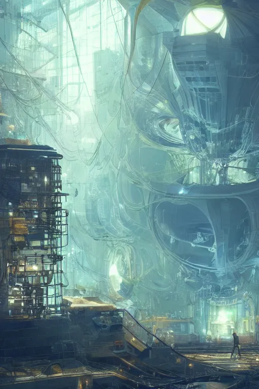 Image similar to Digital conceptl art, very highly detailed solarpunk Haker that haking siting inside the giant very highly detailed solarpunk computer, by Hiromasa Ogura, very highly Detailed digital concept art by Greg Rutkowski, Dimensional Cyan Gold LED light, rendered in Octane Render