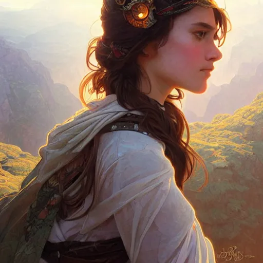 Prompt: a girl sitting on the edge of a mountain, looking at the distance, epic scale, intricate, headshot, highly detailed, digital painting, artstation, concept art, sharp focus, cinematic lighting, illustration, art by artgerm and greg rutkowski, alphonse mucha, cgsociety