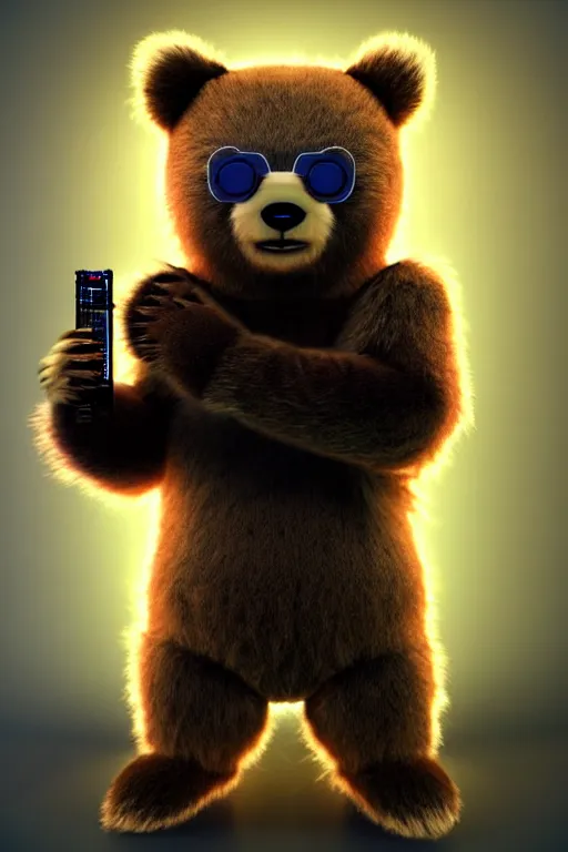 Image similar to high quality 3 d render very cute fluffy cyberpunk bear! plays electric guitar, cyberpunk highly detailed, unreal engine cinematic smooth, in the style of blade runner & detective pikachu, hannah yata charlie immer, moody light, low angle, uhd 8 k, sharp focus