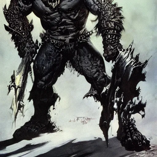 Image similar to angry black ork, illustration by frank frazetta