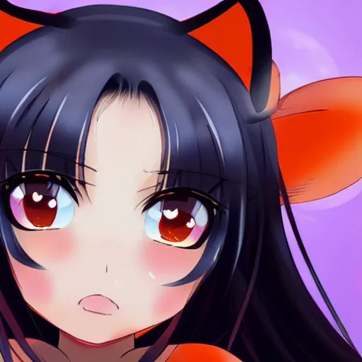 Image similar to cute anime girl with dark skin, black hair, wolf ears and glowing orange eyes