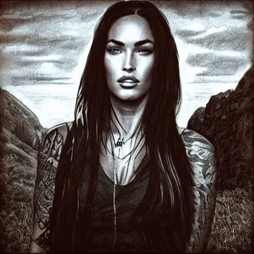 Image similar to realism tattoo sketch of double exposure of the face of megan fox, on beautiful mountain scenery, in the style of andrey lukovnikov