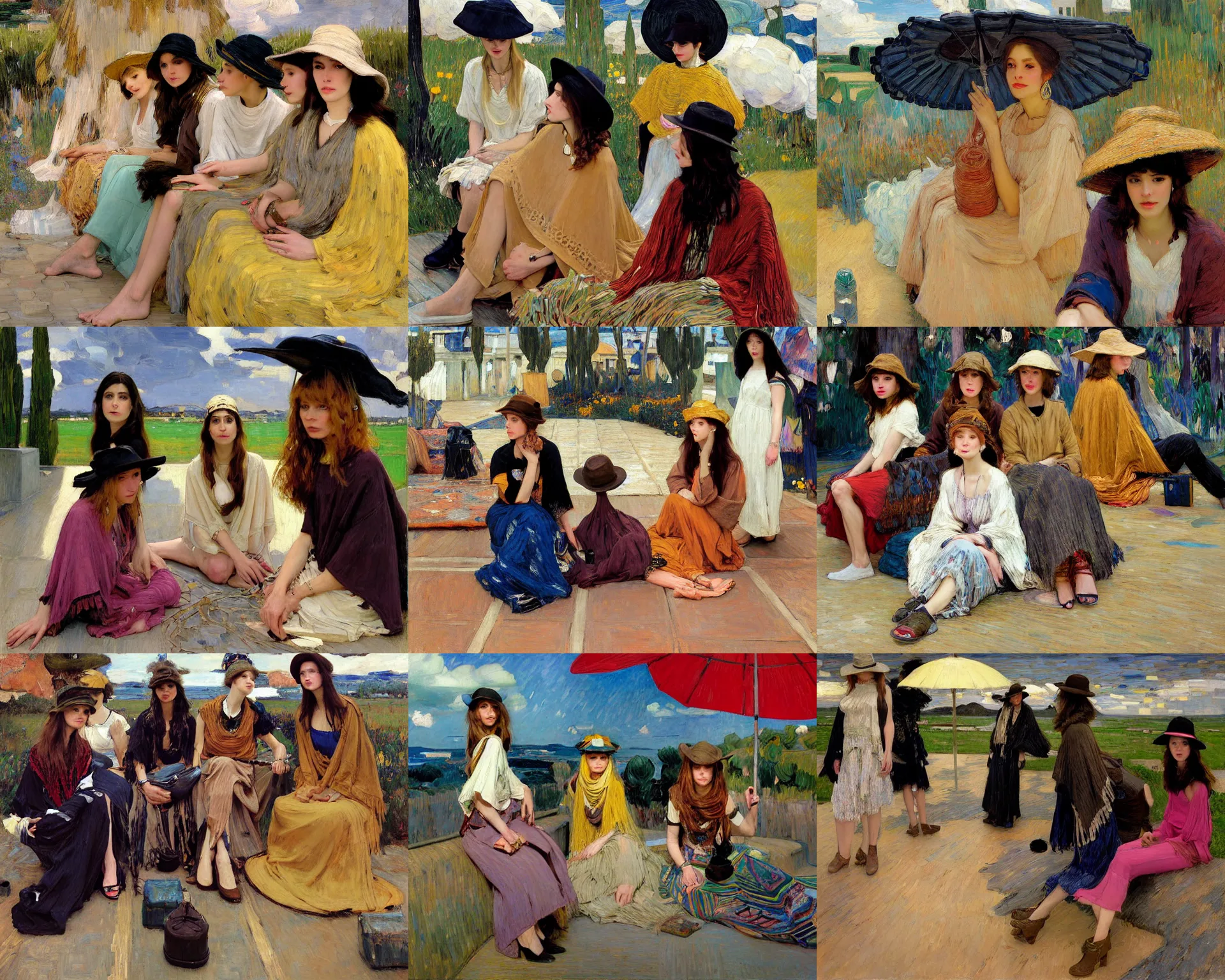 Prompt: portrait of group of fashionable young womans wearing rich jewerly hat and boho poncho into concrete hitech interior, sitting dynamic pose, Low poly, thunder clouds in the sky, artwork by Joaquin Sorolla and john william waterhouse and Denis Sarazhin and klimt and rhads and van gogh and Dean Ellis and Detmold Charles Maurice, levitation, industrial rusty pipes, simple form, brutal shapes