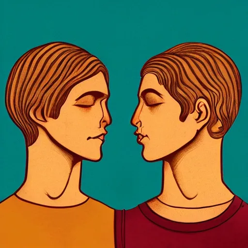 Image similar to perfectly centered symmetrical split male and female portrait of man and woman in love sharing one heart. illustration, highly detailed, simple, no jagged lines, smooth, artstation, artwork by william zorach