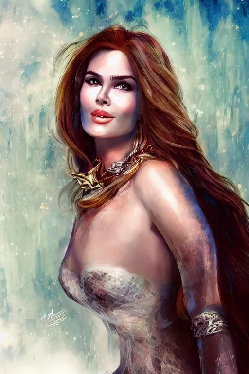 Image similar to mix of beautiful young maria shriver, mariel hemmingway, brooke shields, nicole kidman and elle macpherson as a mermaid, thin lips, hair tied up in a pony tail, dark hair, colorful, artstation, cgsociety