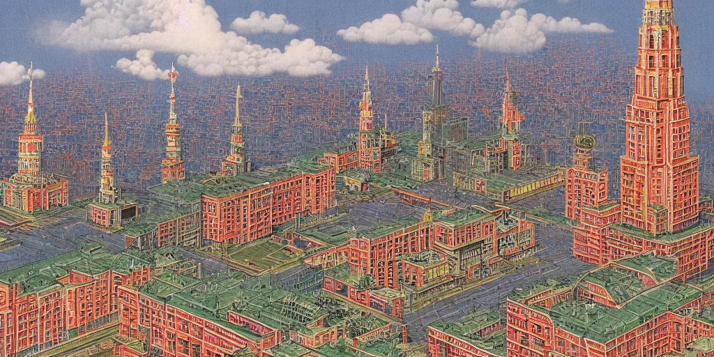 Prompt: architectural concept art of a moscow state university on fire, created by hasui kawase, invasion of a city, colorful flat surreal design, super - detailed, a lot of tiny details