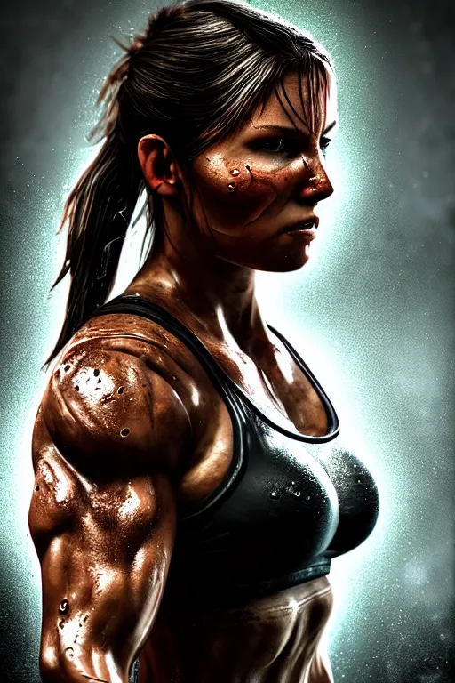 Prompt: candid action photographic portrait muscular sweat lara croft, covers with mud exhausted face close up, highly detailed, moody emotional cinematic, pouring iridescent rain, 8 k, hd, high resolution, ultra realistic faces 8 k