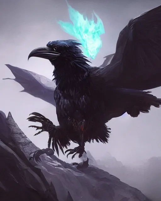 Image similar to oil painting of a Anthropomorphized raven shaman fusing with dragon, sharp focus, heroic pose, fantasy style, octane render, volumetric lighting, 8k high definition, by greg rutkowski, highly detailed, trending on art Station, magic the gathering artwork, Woodland background, centered