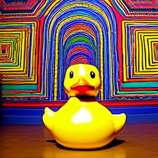 Prompt: wide shot, one! photorealistic rubber duck in foreground on a pedestal in cavernous museum, the walls are covered floor to ceiling with colorful tesselated geometric wall paintings in the style of sol lewitt, tall arched stone doorways, through the doorways are more mural paintings in the style of sol lewitt.