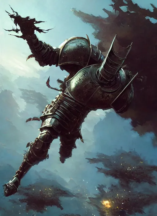 Image similar to 4k knight jumping away from an attack , art by greg rutkowski, art by craig mullins, art by thomas kincade, art by Yoshitaka Amano