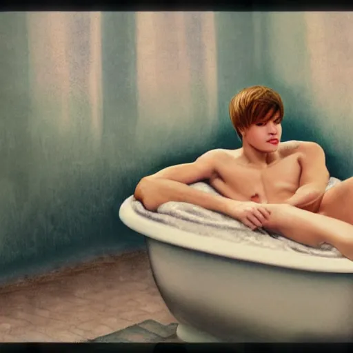 Prompt: justim bieber laying in a bathtub filled with milk, cinematic, cottage core, cinematic focus, polaroid photo bleached vintage pastel colors high - key lighting, soft lights, foggy, by steve hanks, by lisa yuskavage, by serov valentin, by tarkovsky, 8 k render, detailed, oil on canvas