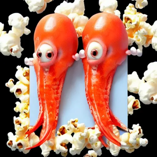 Prompt: hyper realistic, two headed squid eating popcorn at the cinema