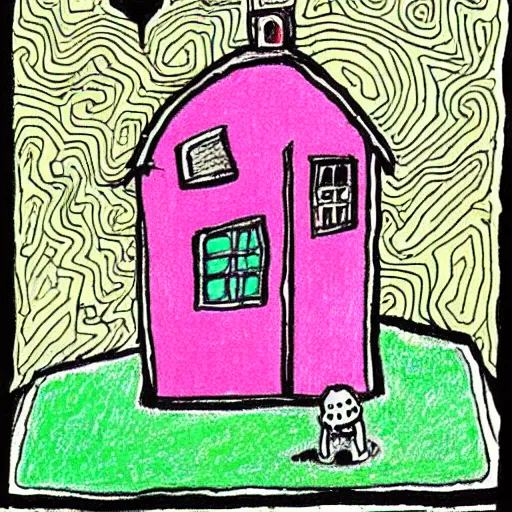 Prompt: naive colored drawing of single lonely small house, cute and sad, art by daniel johnston and francis bacon