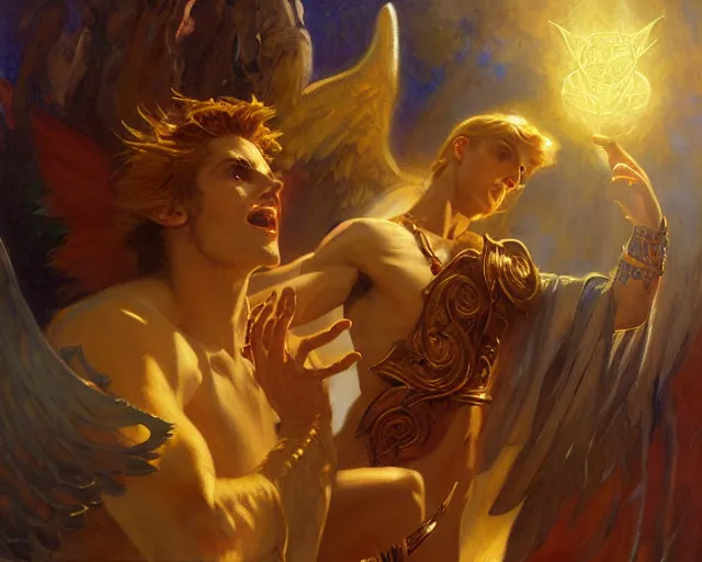 Image similar to attractive male deity, casting demonic magic, summoning handsome lucifer morning star. highly detailed painting by gaston bussiere, craig mullins, j. c. leyendecker 8 k