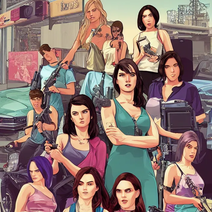 Image similar to female protagonists in gta, cover art by stephen bliss, boxart