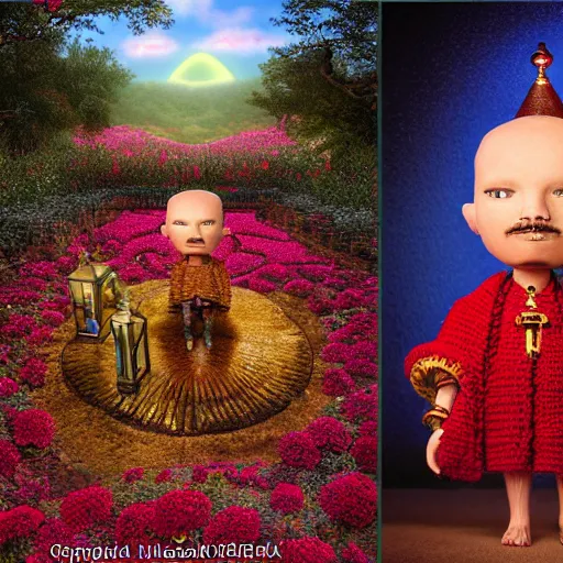 Prompt: wide angle dynamic portrait of a chibbi dogon priest in a rose garden with a red pond and a golden ornate steampunk portal, amigurumi by mark ryden and todd schorr and mark davis and zdislaw beksinski in a surreal lowbrow style, digital paint, matte paint, vivid synthwave colors, breathtaking landsape