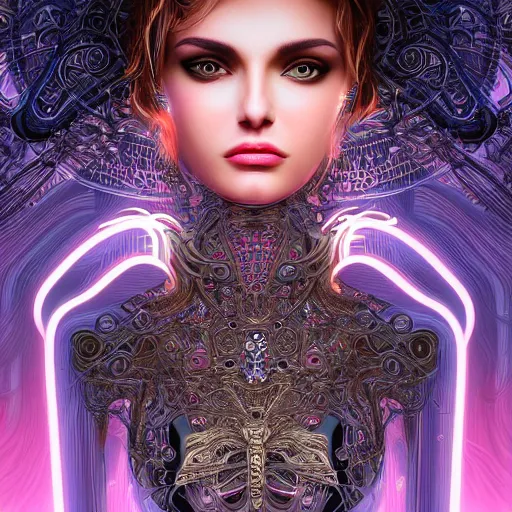 Prompt: very beautiful woman integrating with technology, full face frontal centered, portrait, insipiring, detailed intricate ornate cables connected to head, big eyes, luxurious detailed abundent wiring and implants, diamonds, ruby, scifi, neon, glow, lucious shinny hair, detailed background with cyber flowers and insects, highly detailed, artstation, 8 k