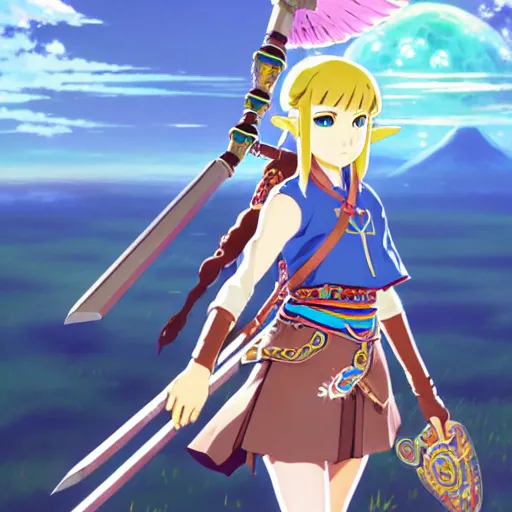 Image similar to a beautiful! young feminine link from botw, wearing japanese catholic school girl outfit with mayan pattern and native style, aztec street fashion, guilty gear art direction, perfect anime face, gapmoe yandere grimdark, trending on pixiv fanbox, painted by greg rutkowski makoto shinkai takashi takeuchi studio ghibli, akihiko yoshida