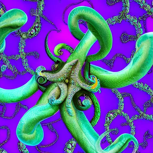 Image similar to a dramatic and beautiful digital matte painting of large iridescent octopus with legs made of fractal celtic knots, trending on cgartist, hi-fructose, mandala