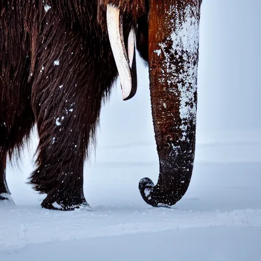 Image similar to Wooly Mammoth walking in snow, 4K photograph, natural lighting