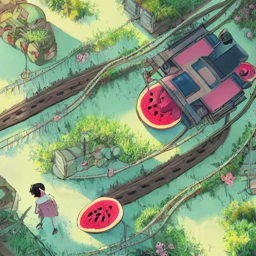 Image similar to a beautiful movie still in the style of Studio Ghibli anime showing a watermelon tank, in the streets of post-apocalyptic Singapore overrun by vegetation. Studio Ghibli, aerial photography, wide angle lens, trending on artstation, trending on behance