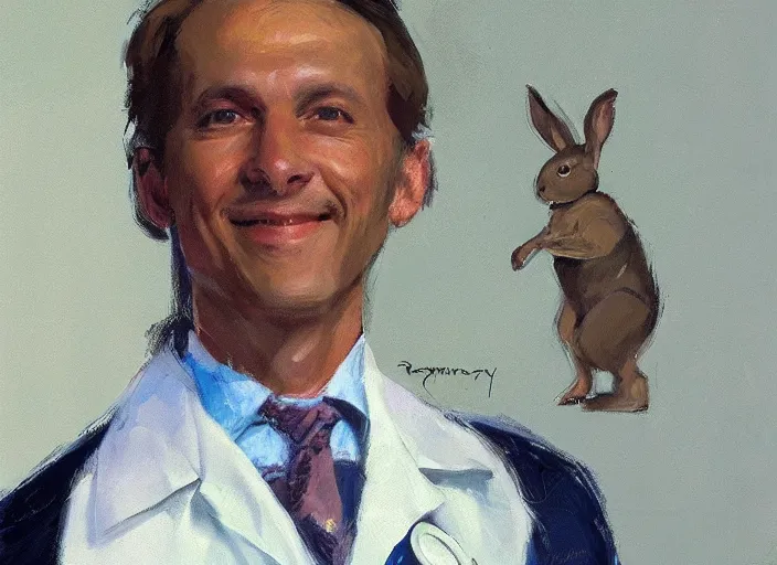 Image similar to a highly detailed beautiful portrait of a bunny wearing a doctor costume, by gregory manchess, james gurney, james jean