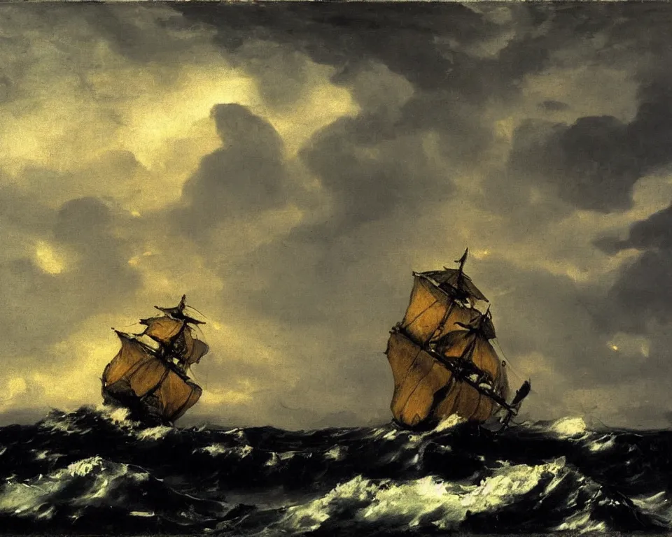 Prompt: marine painting of a Spanish galleon on a stormy sea, at dusk, by Goya and Hopper.