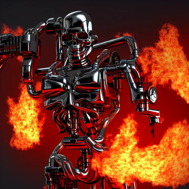 Image similar to terminator endoskeleton with fire behind it movie still, chrome, shiny, reflective, metallic, 3 d render, 3 d rendered, hdr, unreal engine 5, ray tracing, dramatic lighting, flame colors bright,