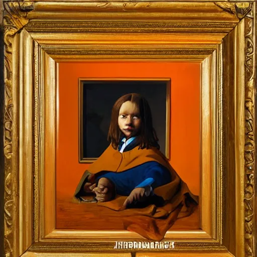 Prompt: a beautiful portrait of a young prince posing in an orange studio, realistic 4k UHD oil painting in the style of james gurney, greg rutkowski, and johannes vermeer