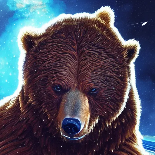 Image similar to detailed science - fiction character portrait of a grizzly bear shooting a machine gun in space, intricate, wild, highly detailed, digital painting, artstation, concept art, smooth, sharp focus, illustration, art by artgerm and greg rutkowski and alphonse mucha