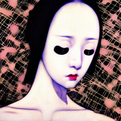 Image similar to yoshitaka amano blurred and dreamy realistic portrait of a young woman with black lipstick and black eyes wearing dress suit with tie, junji ito abstract patterns in the background, face in three quarter view, satoshi kon anime, noisy film grain effect, highly detailed, renaissance oil painting, weird portrait angle, blurred lost edges