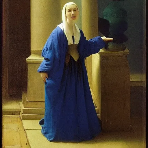 Image similar to a young woman’s face, her hair is white and she wears a cobalt blue cloak, by ivan aivazovsky and pieter claesz and paul delaroche and alma tadema and august malmstrom and and willen claesz heda and aelbert cuyp and gerard ter borch, contrapposto, hyperrealistic, volumetric light, rendered in octane, c4d
